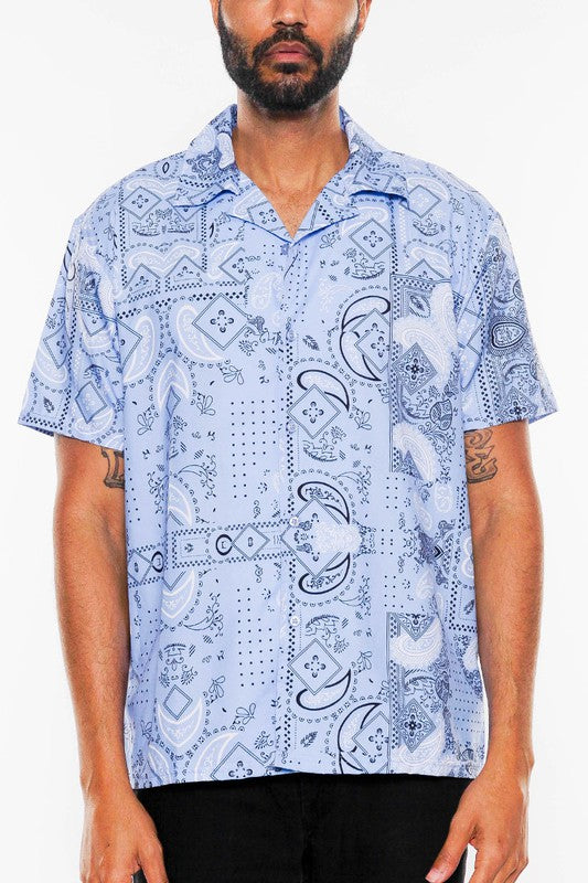 Mens Light Blue Print Button Down