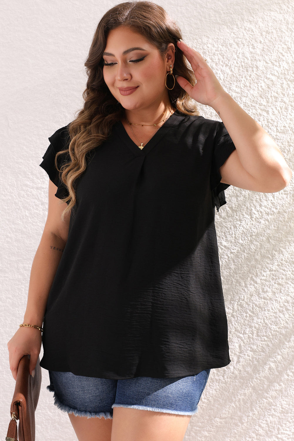 Black Ruffled Short Sleeve Plus Size Blouse