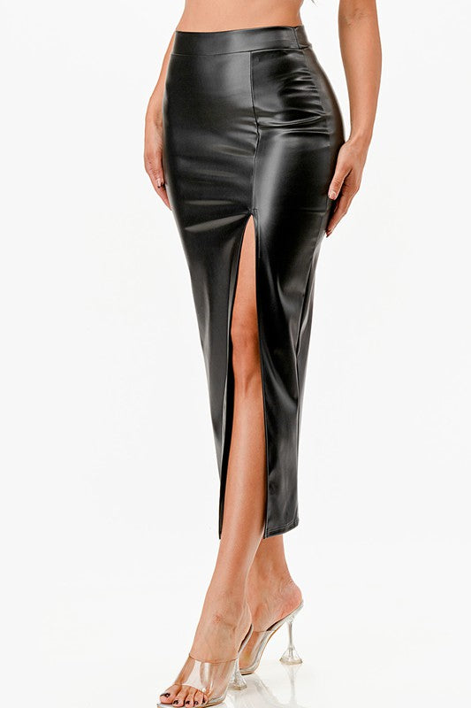 Pu leather Maxi Skirt with Slit