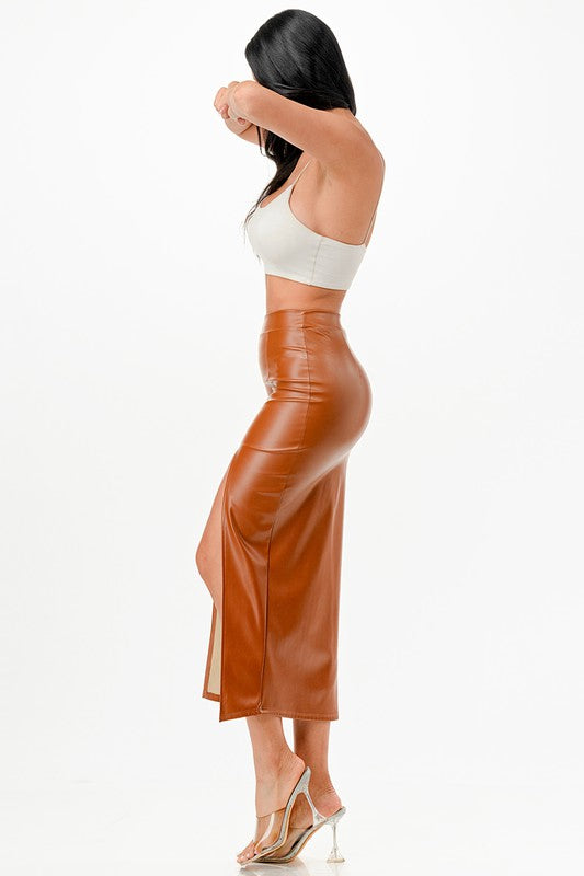 Pu leather Maxi Skirt with Slit