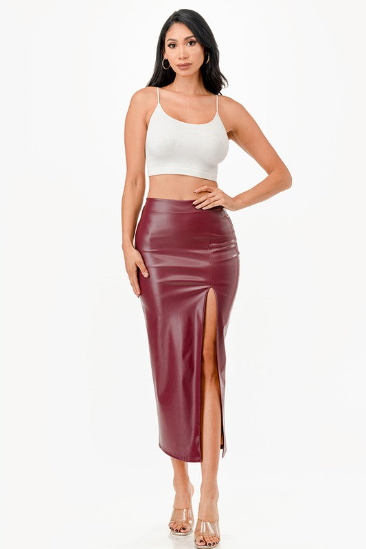 Pu leather Maxi Skirt with Slit