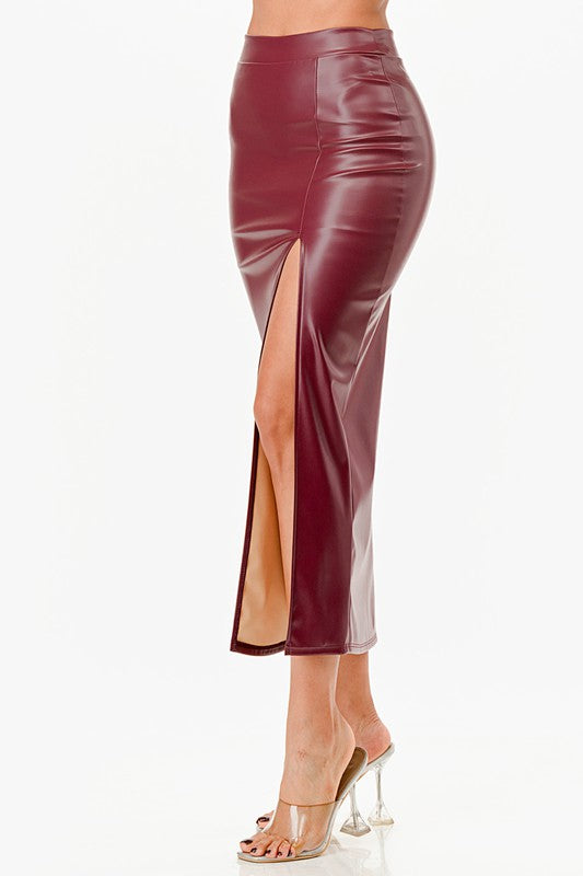 Pu leather Maxi Skirt with Slit