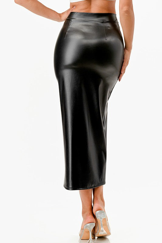 Pu leather Maxi Skirt with Slit