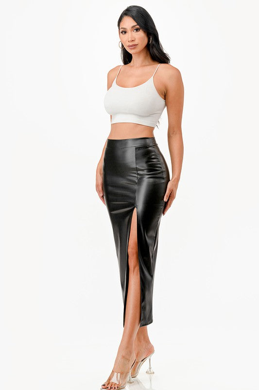 Pu leather Maxi Skirt with Slit