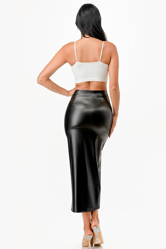 Pu leather Maxi Skirt with Slit