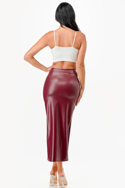 Pu leather Maxi Skirt with Slit