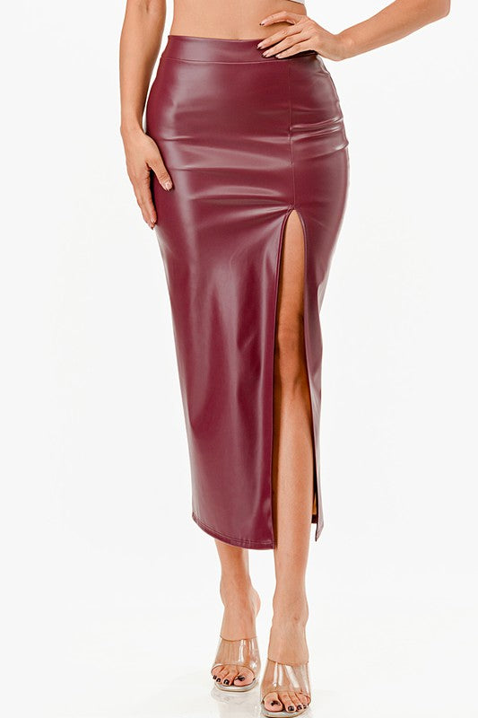 Pu leather Maxi Skirt with Slit