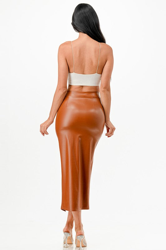 Pu leather Maxi Skirt with Slit