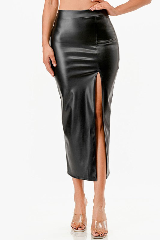 Pu leather Maxi Skirt with Slit