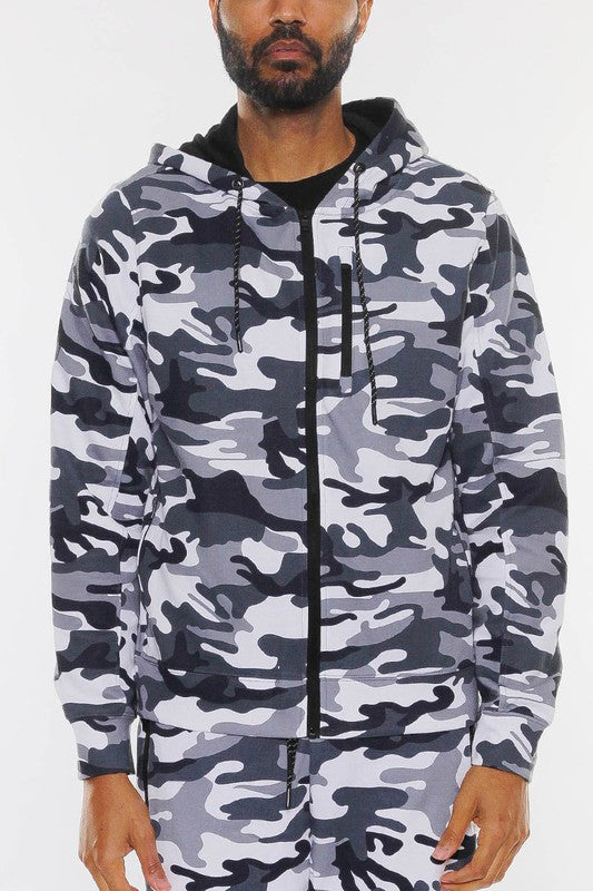 Solid Camo Zip Up Hoodie Jacket