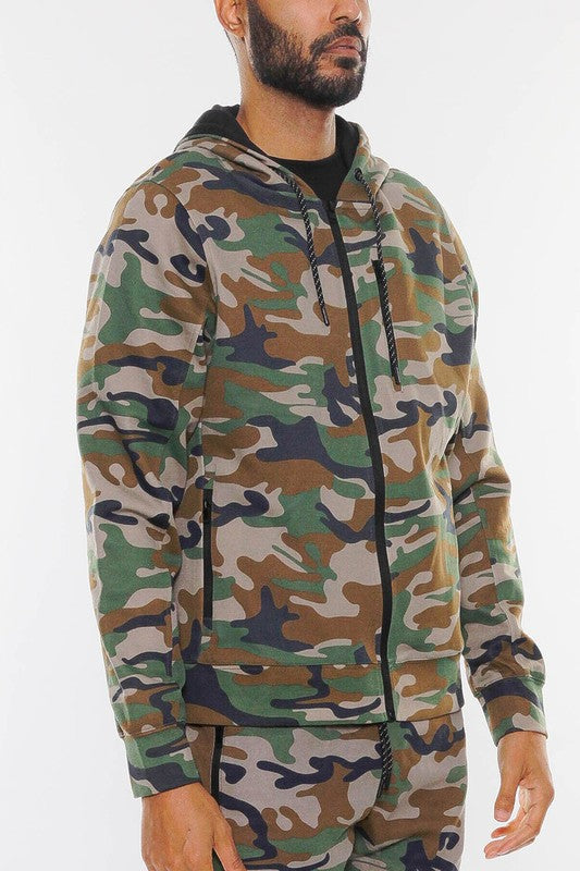 Solid Camo Zip Up Hoodie Jacket