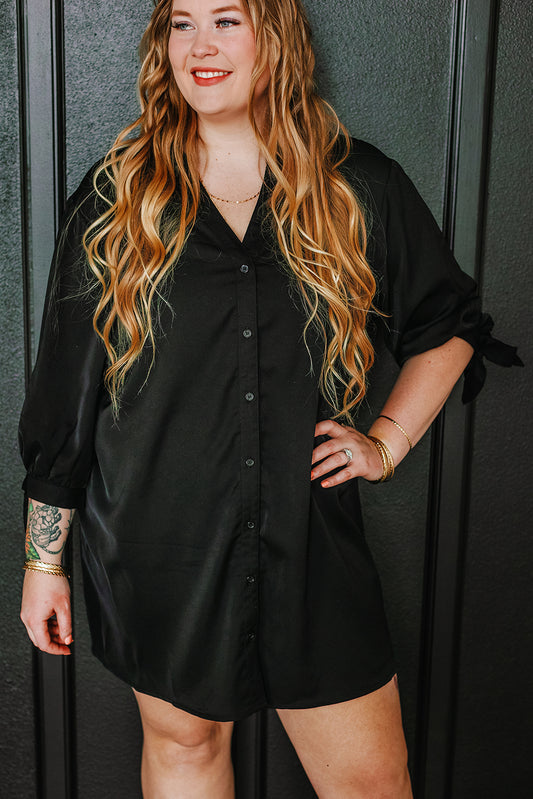 Black Plus Size Tie Cuffs Shirt Dress