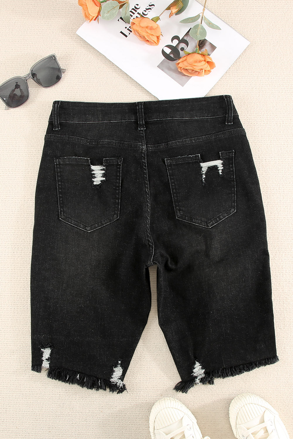 Black Ripped Tassel Bermuda Denim Shorts