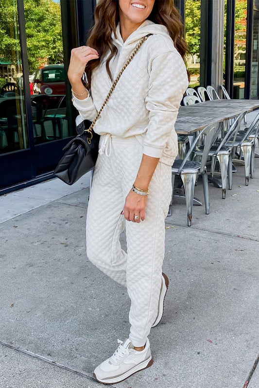 White Quilted Two Piece Hoodie Pant Set