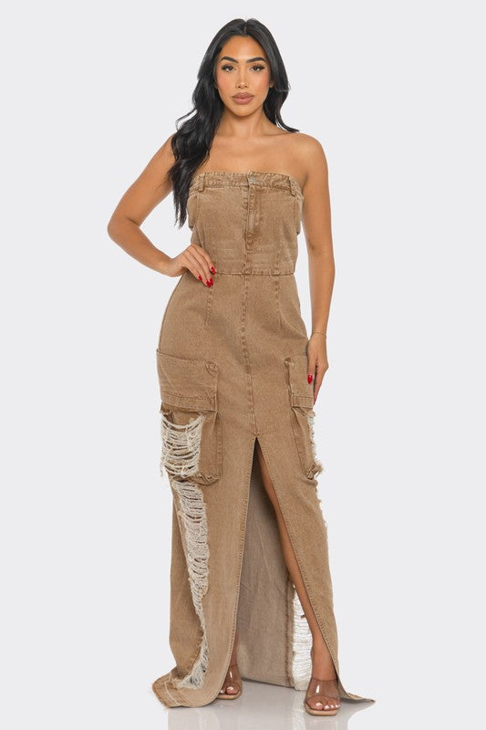 Vintage Washed Distressed Cargo Maxi Dress