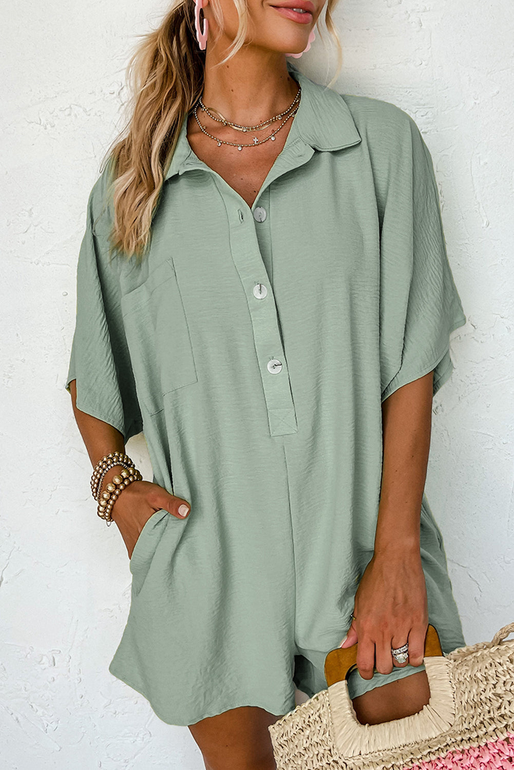 Button Up Collared Loose Romper