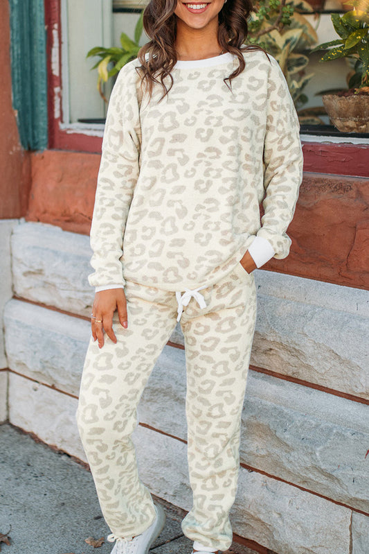 White Leopard Pullover Top Pant Loungewear set