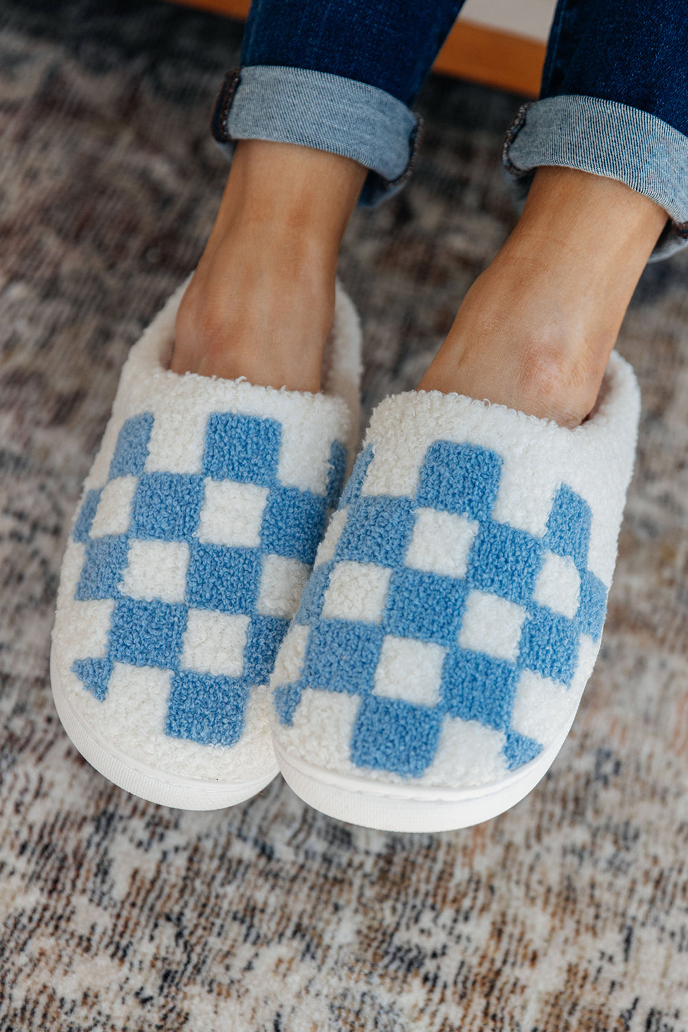 Light Blue Checkered Plush Slippers