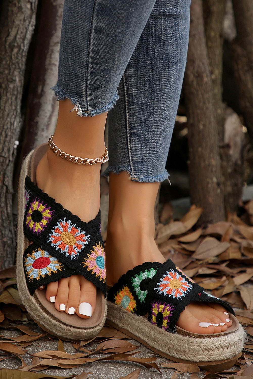 Color black Boho Crochet Crossover Slippers