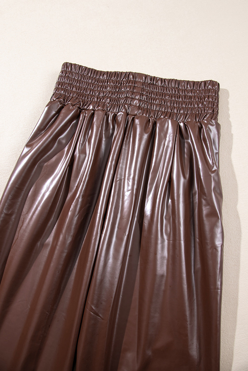 Brown Smocked High Waist Leather PU Skinny Pants