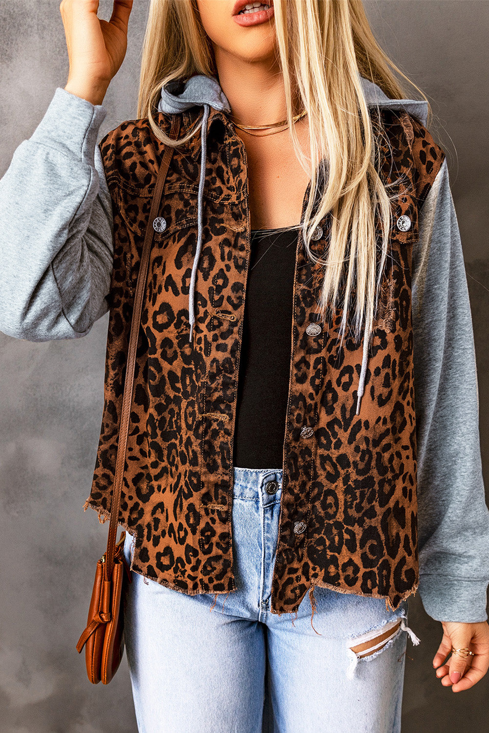 Leopard Print Hooded Denim Jacket