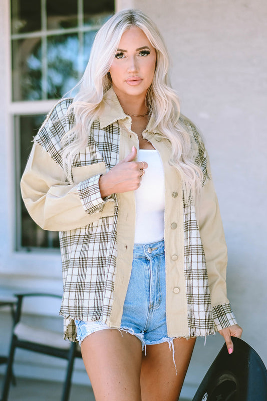 Khaki Distressed Beige Plaid Denim Jacket