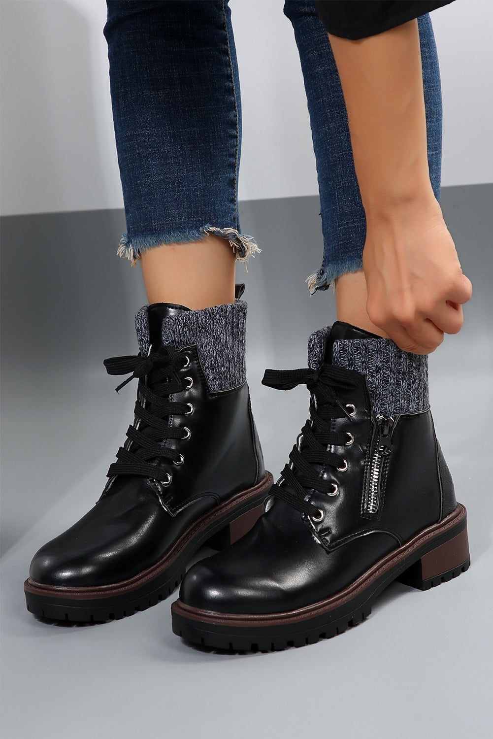 Black Knitted Patched Lace-up Heeled Ankle Boots