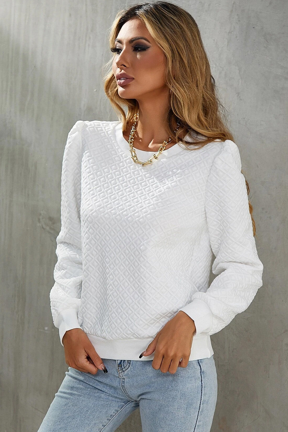 White Puff Textured Long Sleeve Round Neck Top