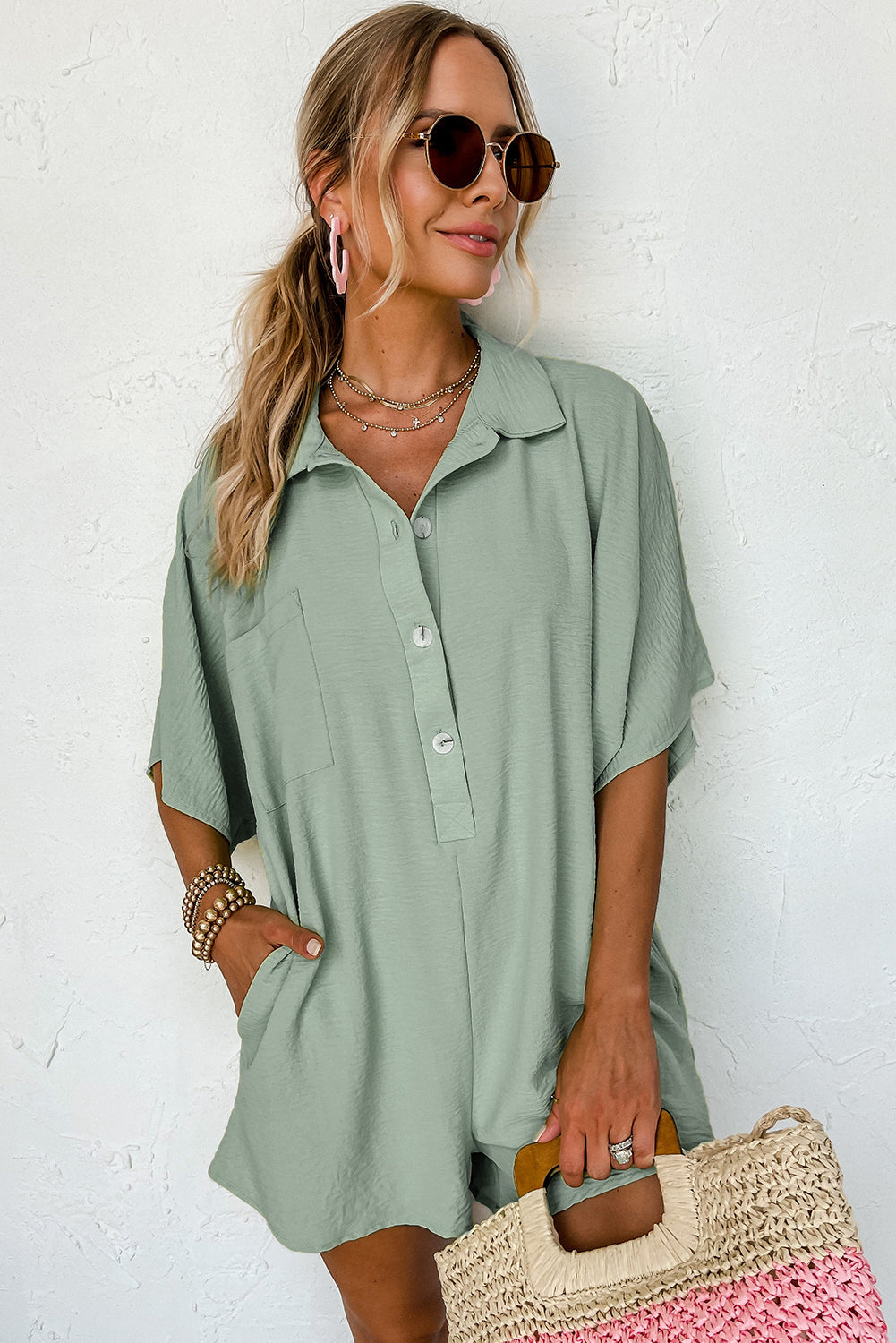 Button Up Collared Loose Romper