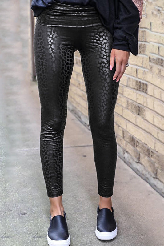 Black Shiny Leopard Print Cropped Leggings