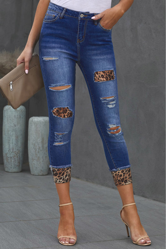 Distressed Leopard Patched Skinny Jeans