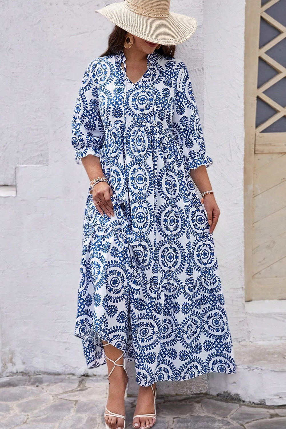 Sky Blue Geometric Print Plus Size Maxi Dress