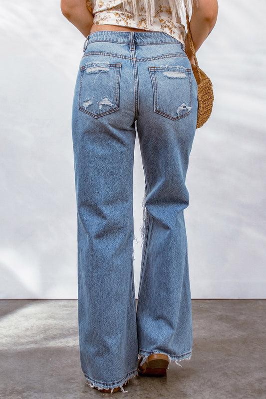 Sky Blue Destroyed Wide Leg Jeans