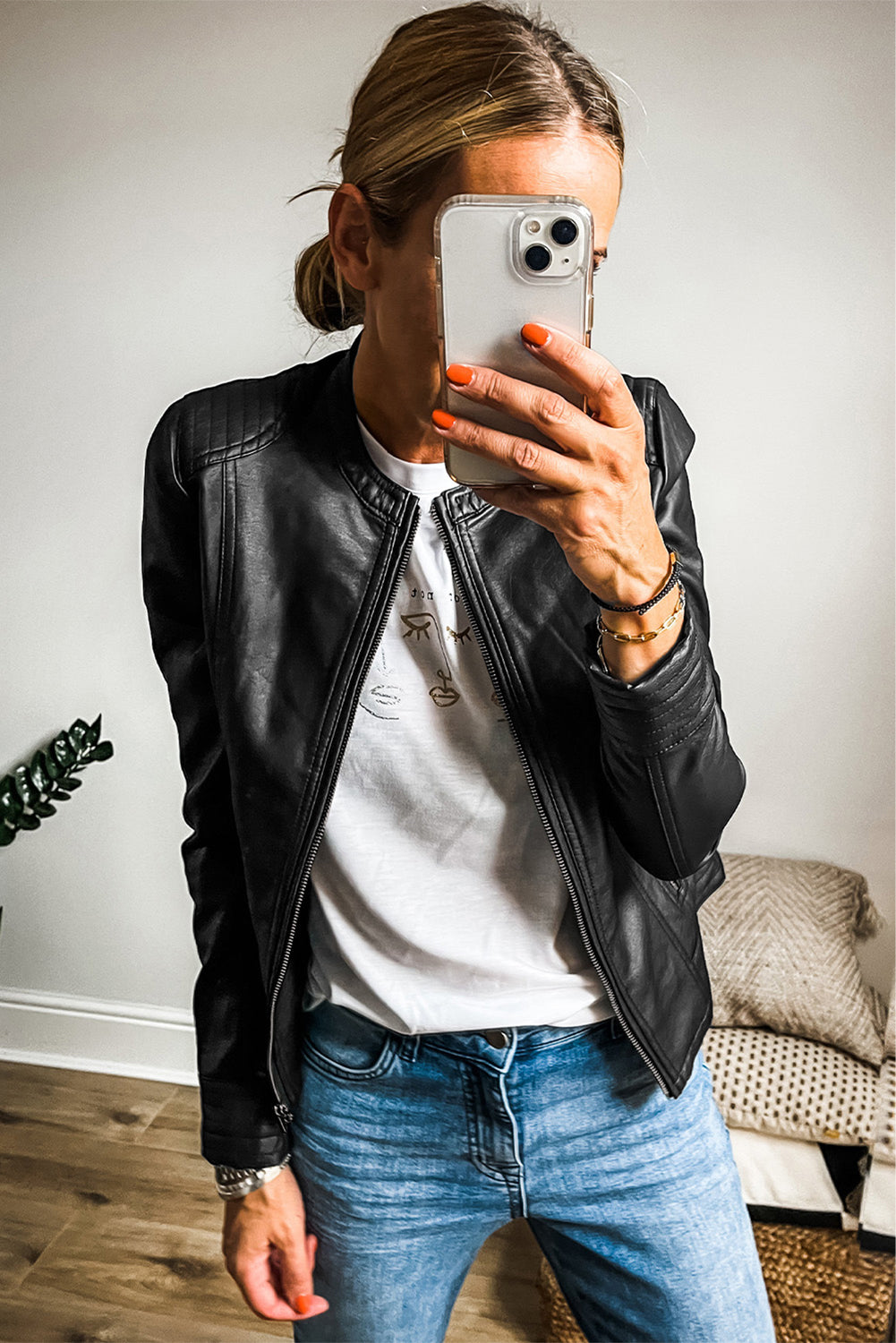 Faux Leather Slim Fit Bomber Jacket