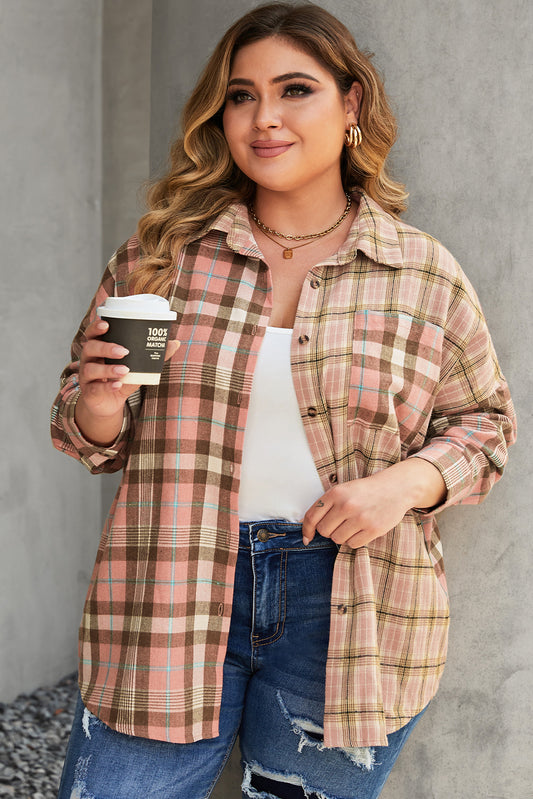 Plus Size Color Block Plaid Long Sleeve Shirt