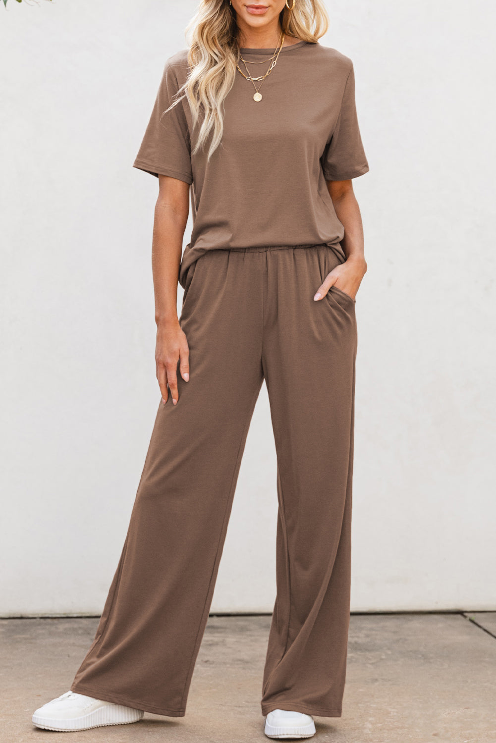 Solid Color T Shirt & Wide Leg Pants Set