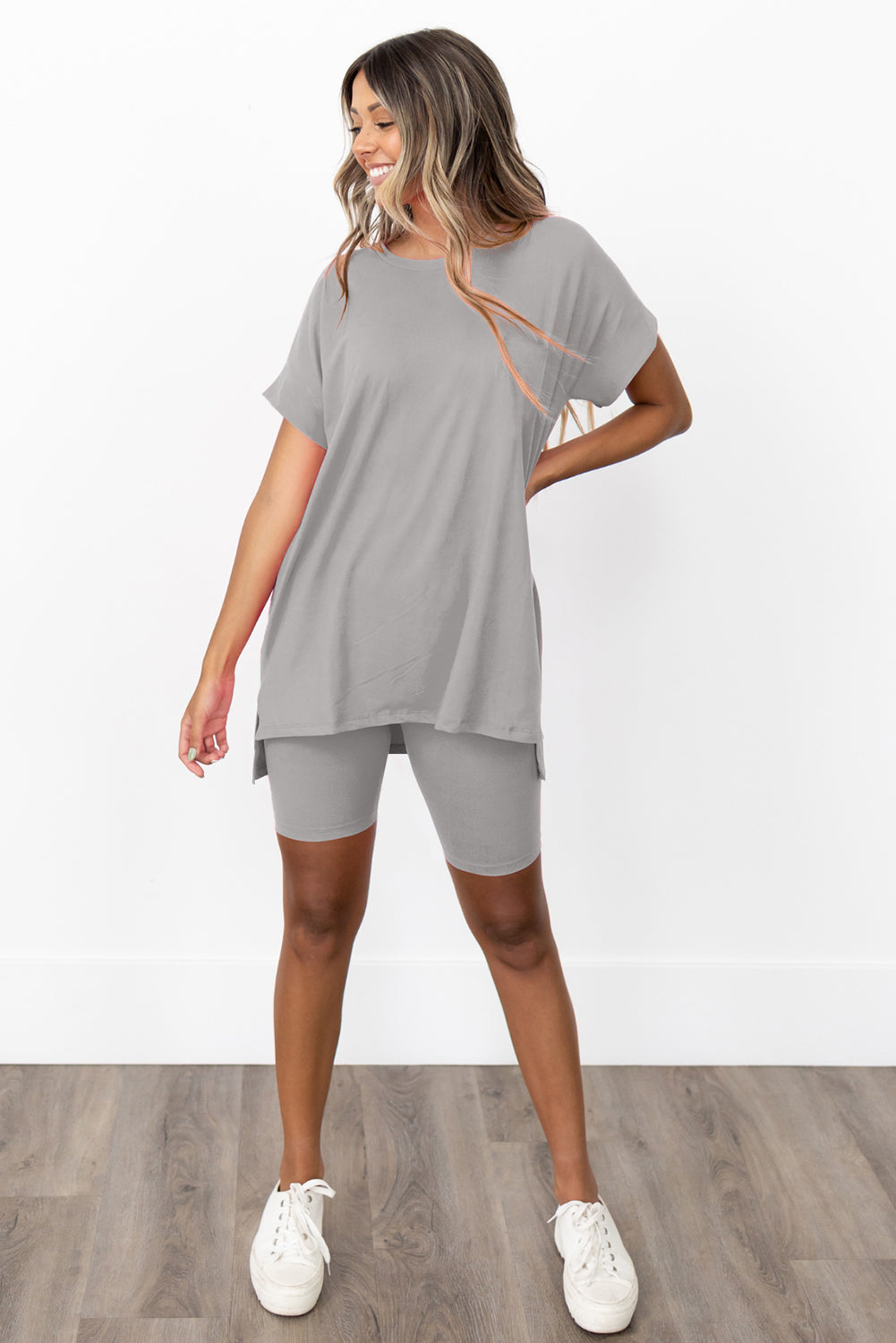 Gray Loose Tunic Tee and Shorts Set