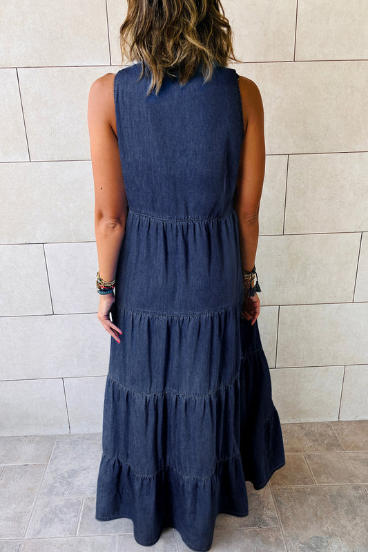 Teal Sleeveless Tiered Chambray Maxi Dress