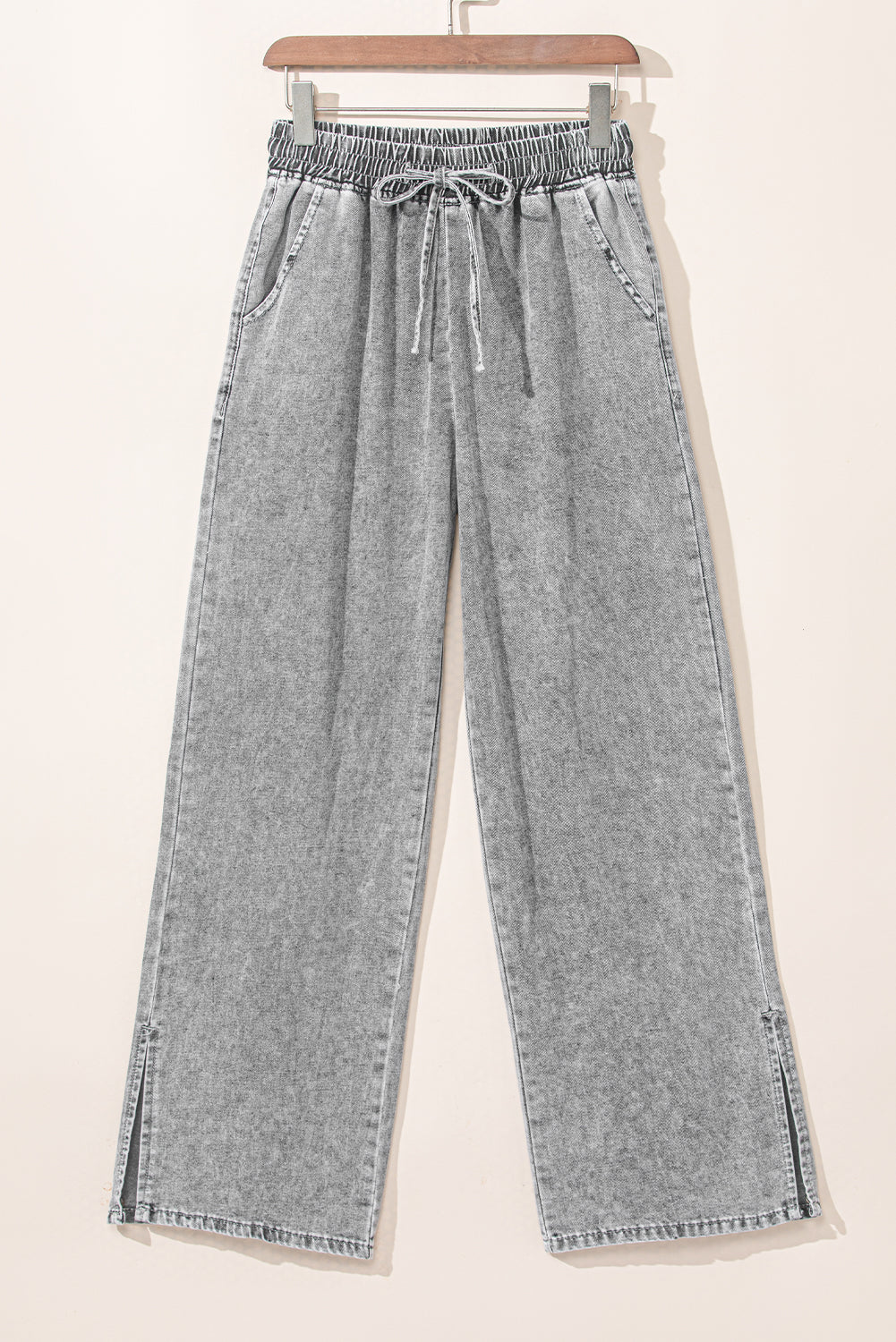 Grey Drawstring Elastic Waist Wide Leg Jeans