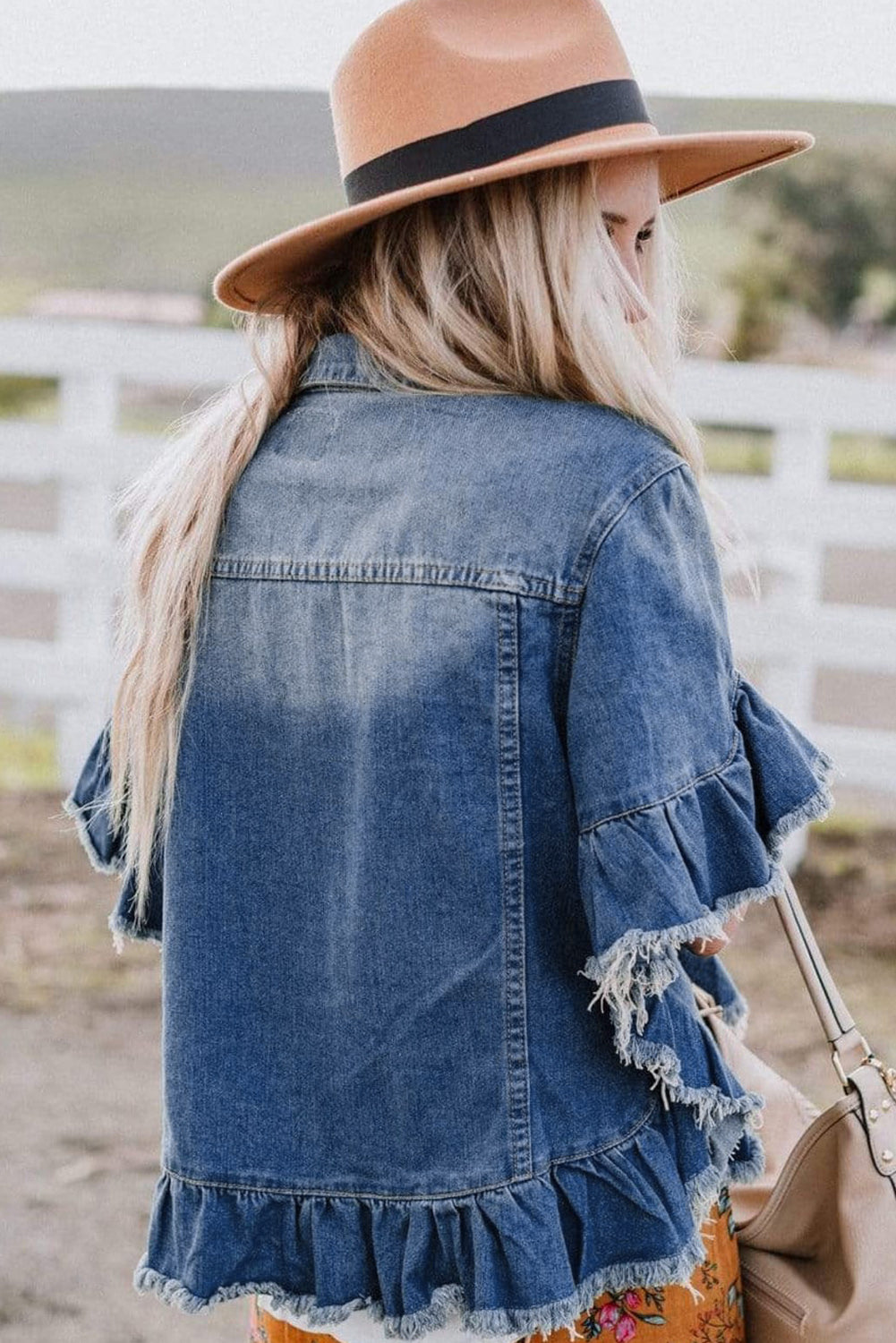 Black Raw Edge Ruffled Short Sleeve Denim Jacket