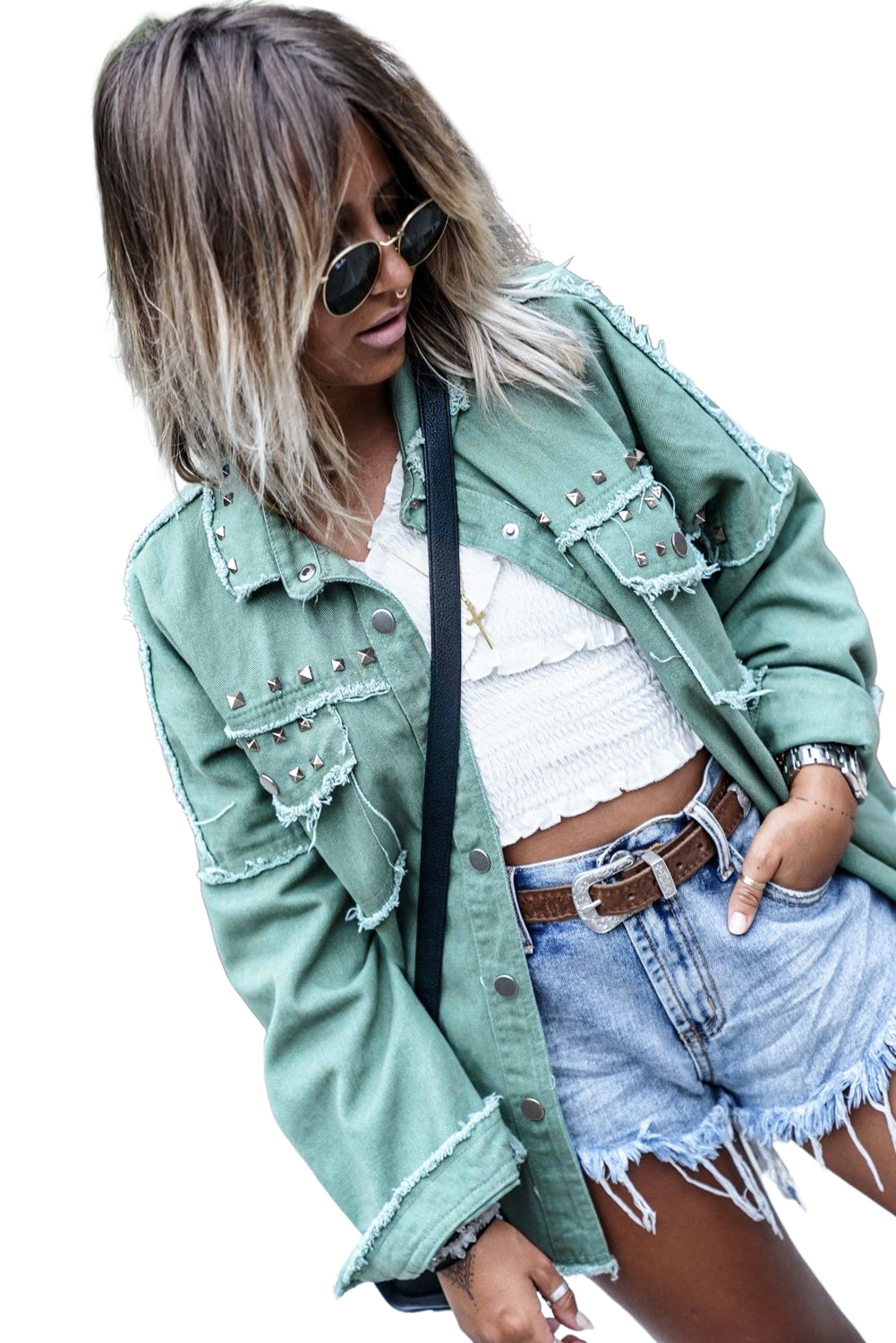 Green Frayed Trim Vintage Denim Jacket