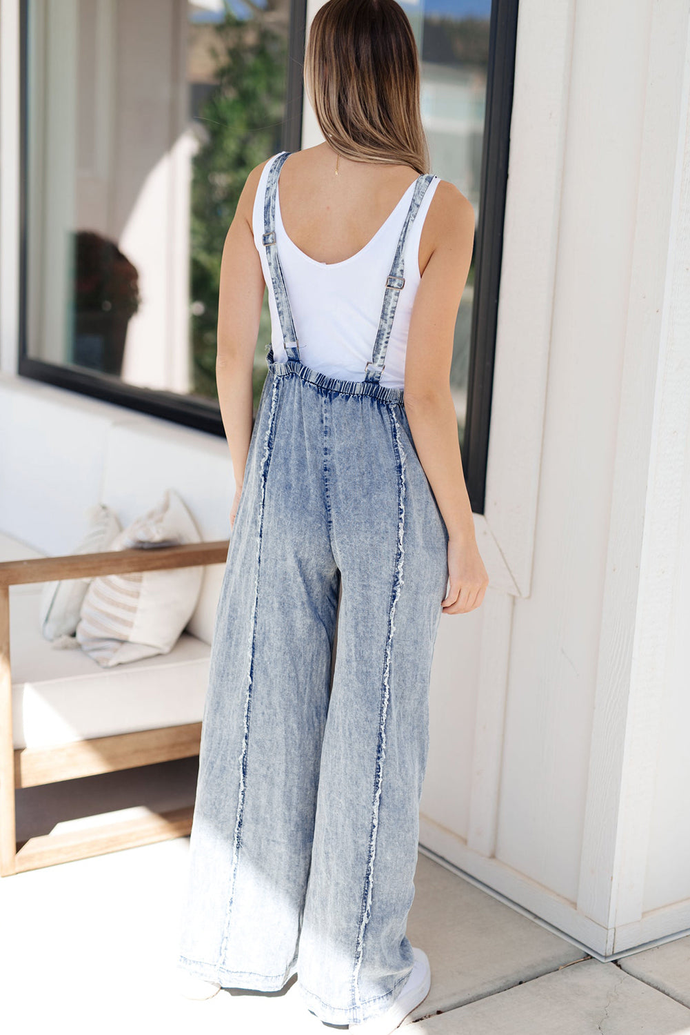 Light Wash Exposed Seam Denim Overalls