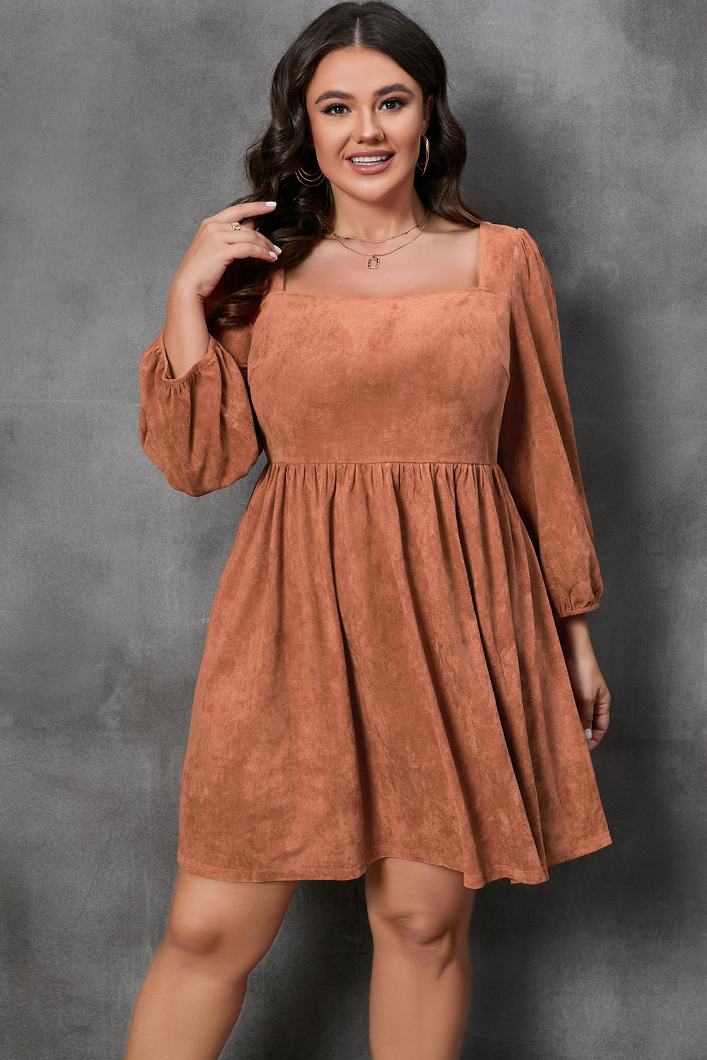 Chestnut Plus Size Suede Balloon Sleeve Dress