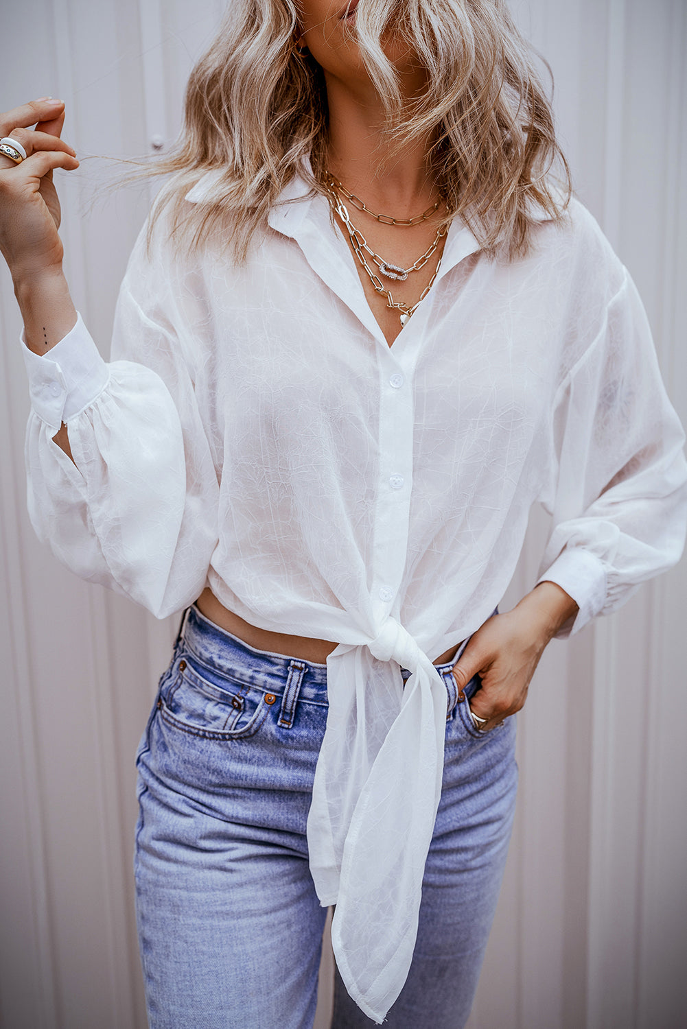 White Plain Knotted Front Loose Fit Sheer Shirt