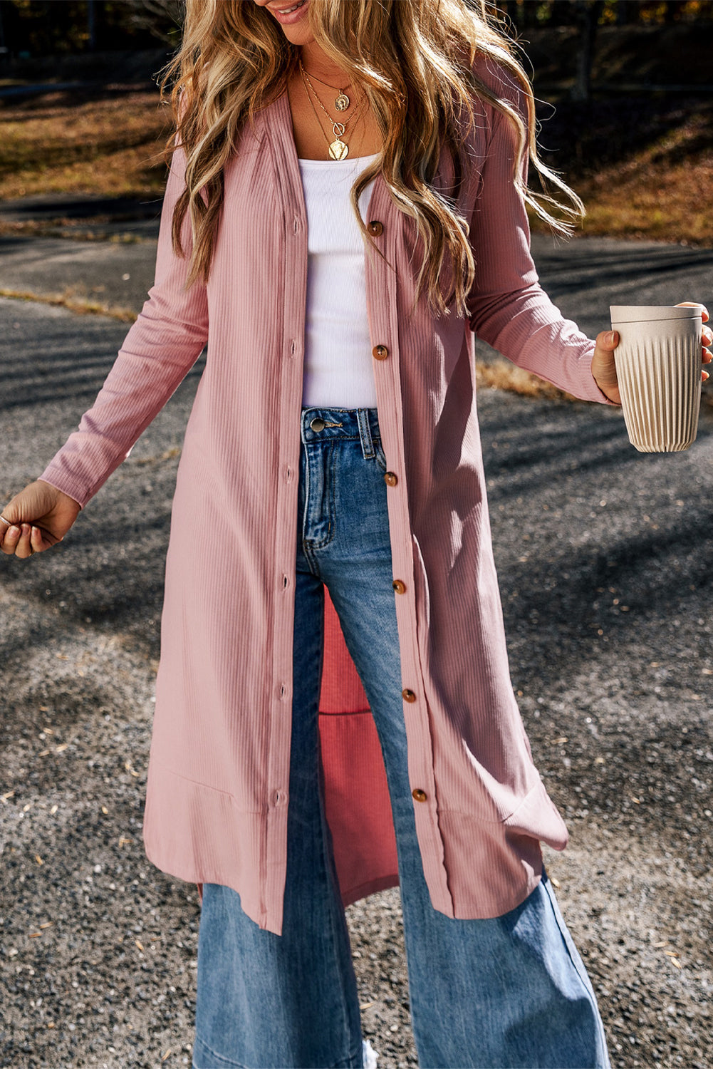 Gray Ribbed Button-Up Duster Cardigan