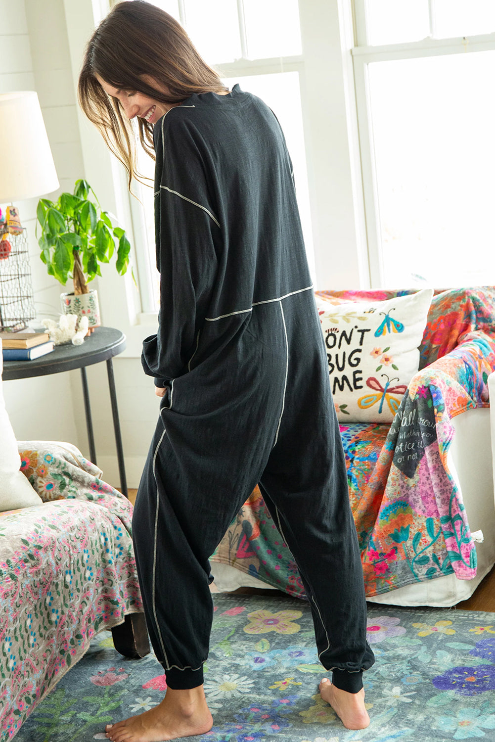 Black Flatlock Seam V Neck Baggy Jumpsuit