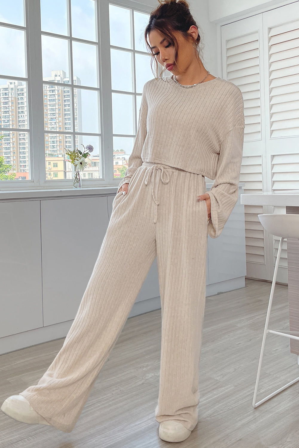 Khaki Bell Sleeve Crop Top & Drawstring Pants Set