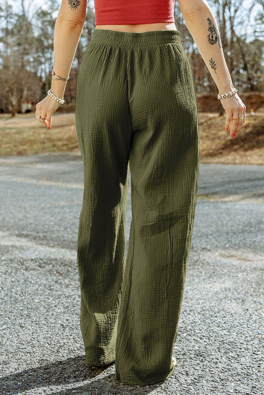 Green Crinkle Textured Wide Leg Dress Pants