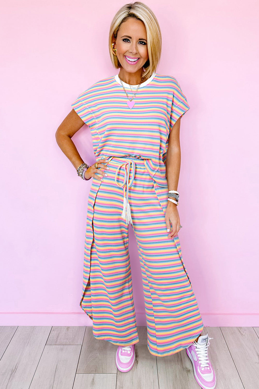 Striped Tassel Tee & Wide Leg Pants Set