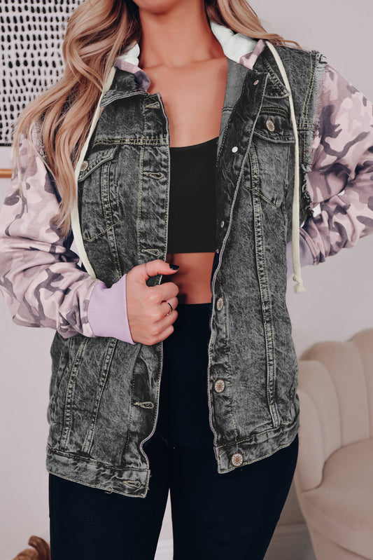 Black Camo Sleeve Hooded Denim Jacket